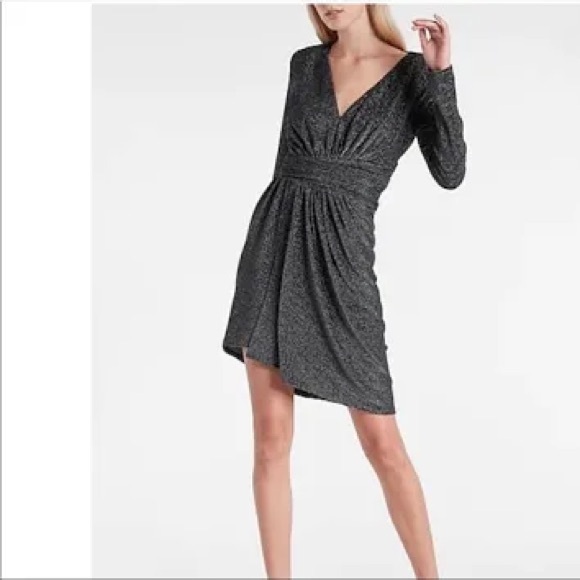 New With Tags Cocktail & Party Metallic Draped V-Neck Strong Shoulder Mini Dress - Picture 2 of 7